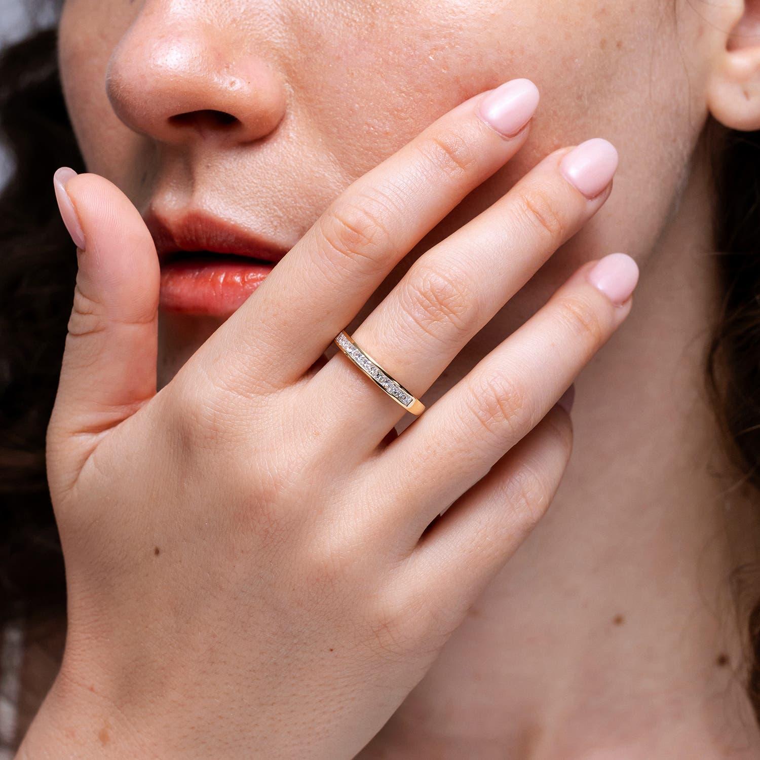 Modern Angara Natural Princess Diamond Half Eternity Wedding Ring in 14K Solid Gold For Sale
