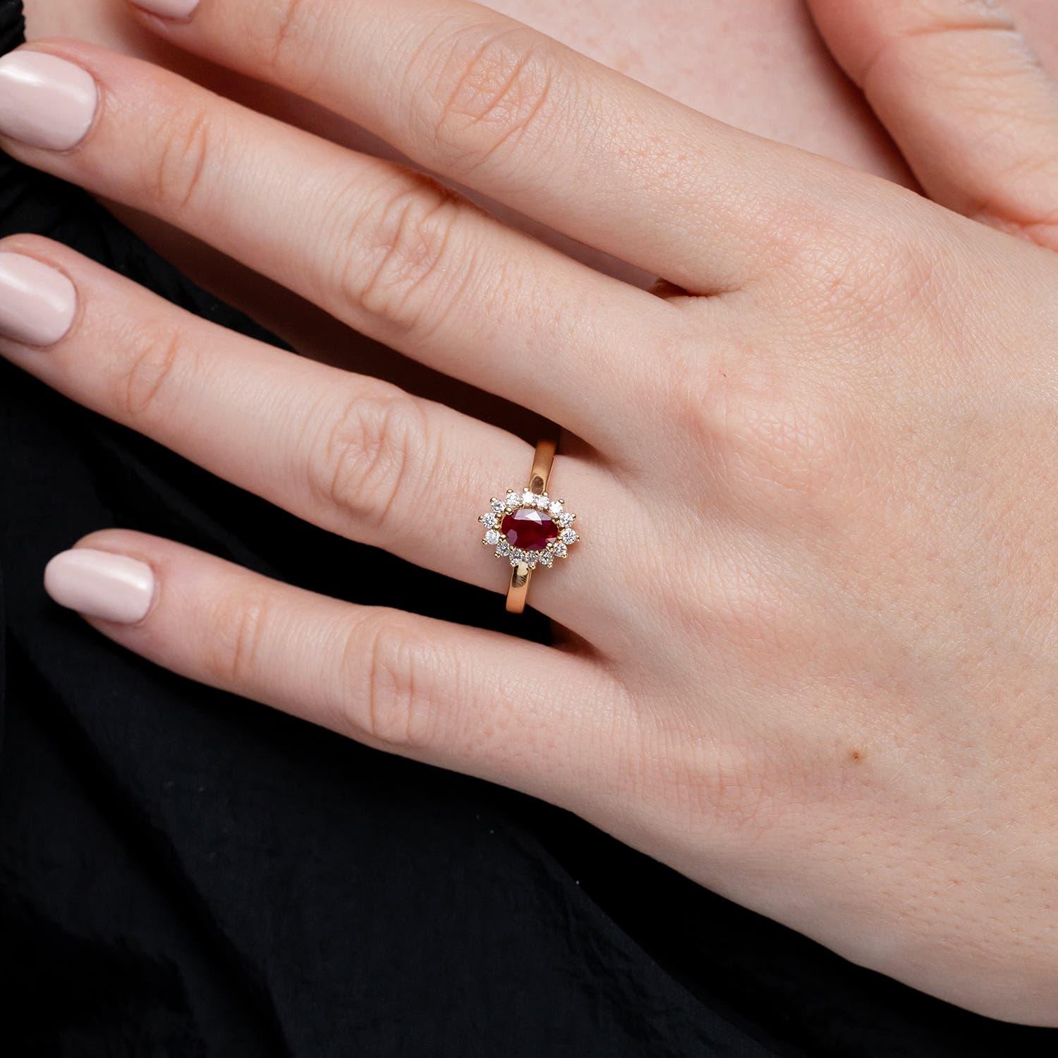 Modern Angara Natural Princess Diana Inspired Ruby Ring with Diamond Halo in 14K Gold For Sale