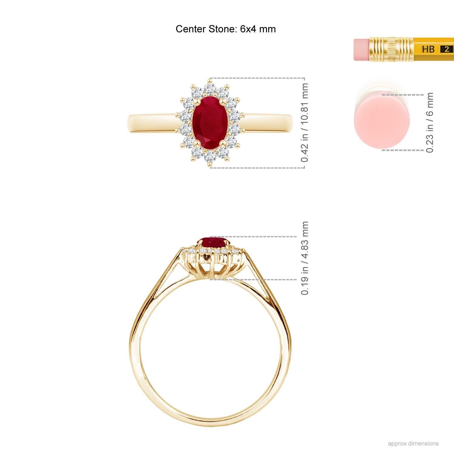 Women's Angara Natural Princess Diana Inspired Ruby Ring with Diamond Halo in 14K Gold For Sale