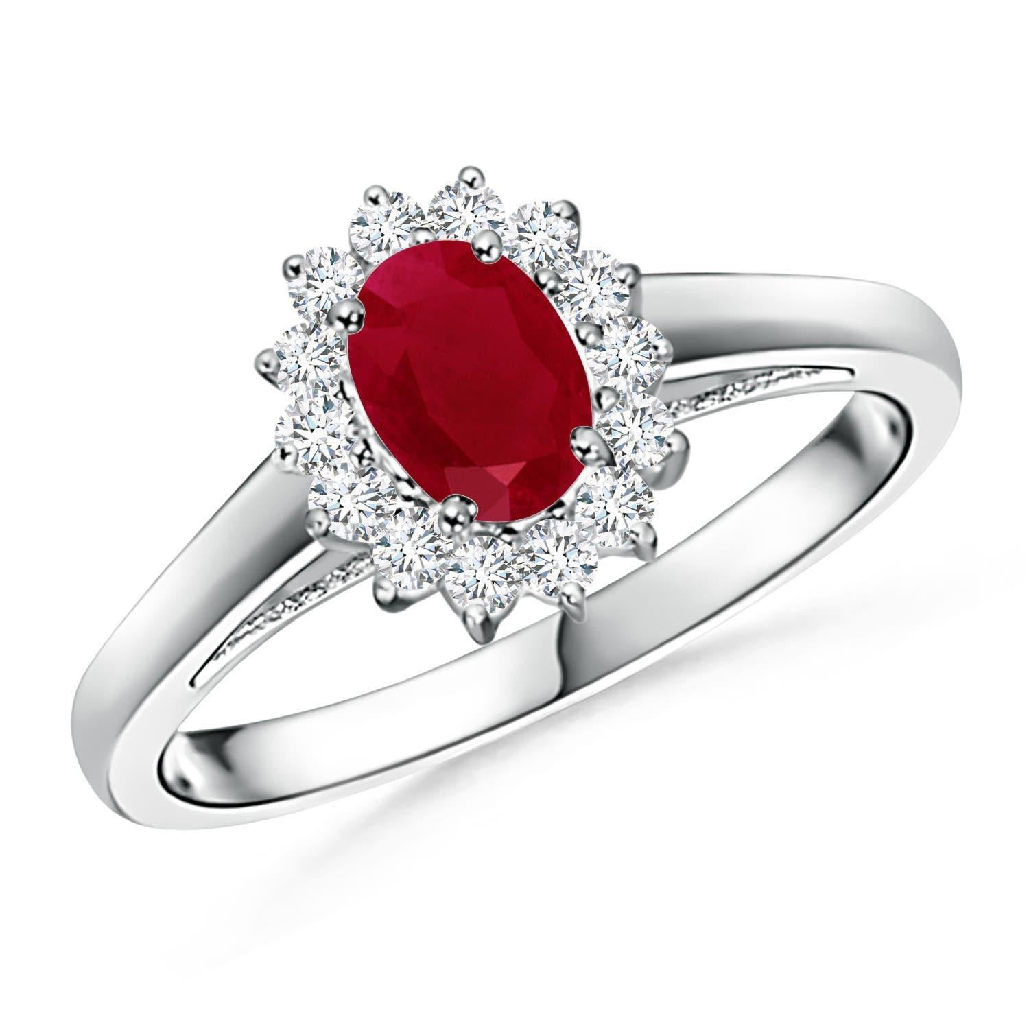 Angara Natural Princess Diana Inspired Ruby Ring with Diamond Halo in 14K Gold For Sale 1