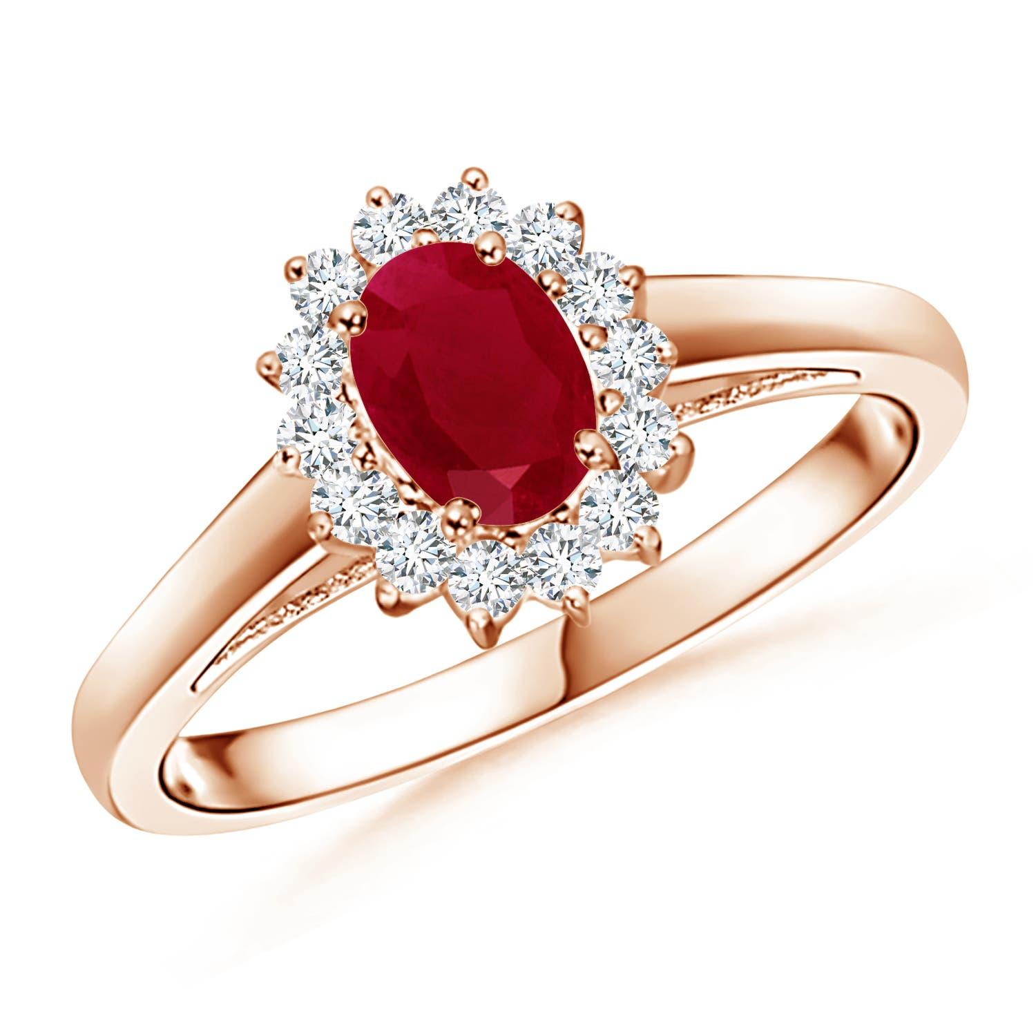 Angara Natural Princess Diana Inspired Ruby Ring with Diamond Halo in 14K Gold For Sale 2