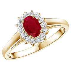 Angara Natural Princess Diana Inspired Ruby Ring with Diamond Halo in 14K Gold