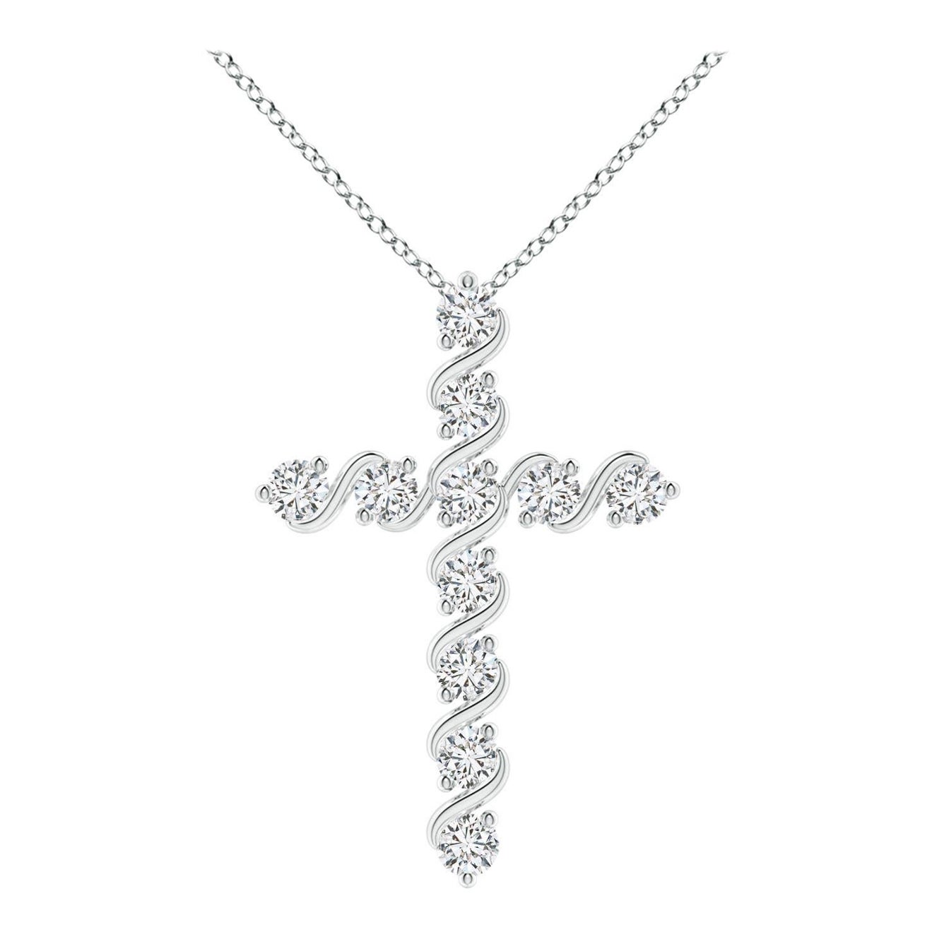 Pendentif croix en or blanc 14K avec diamants naturels sertis clos et barrettes Angara