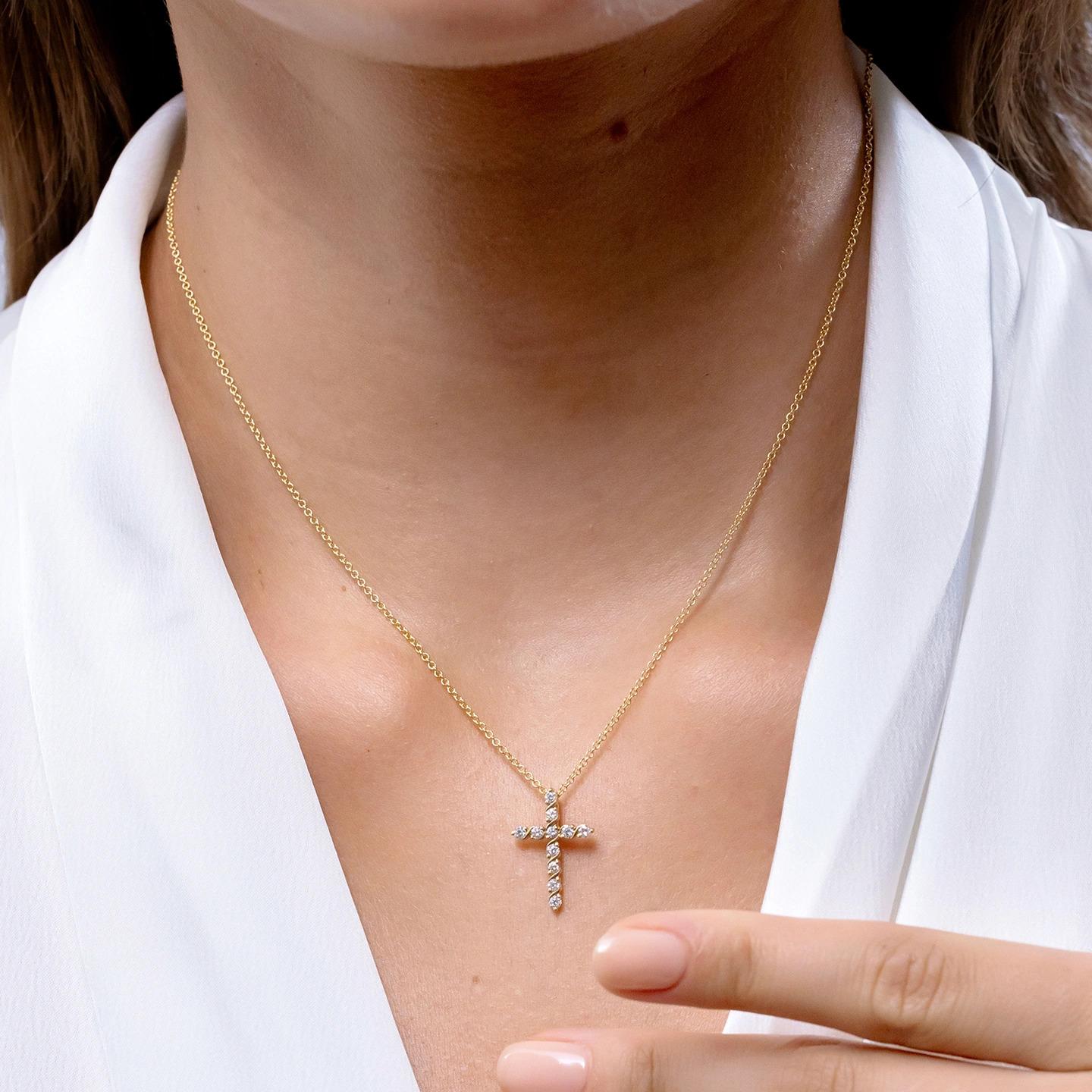 Modern Angara Natural Prong and Bar Set Diamond Cross Pendant in 14K Yellow Gold For Sale