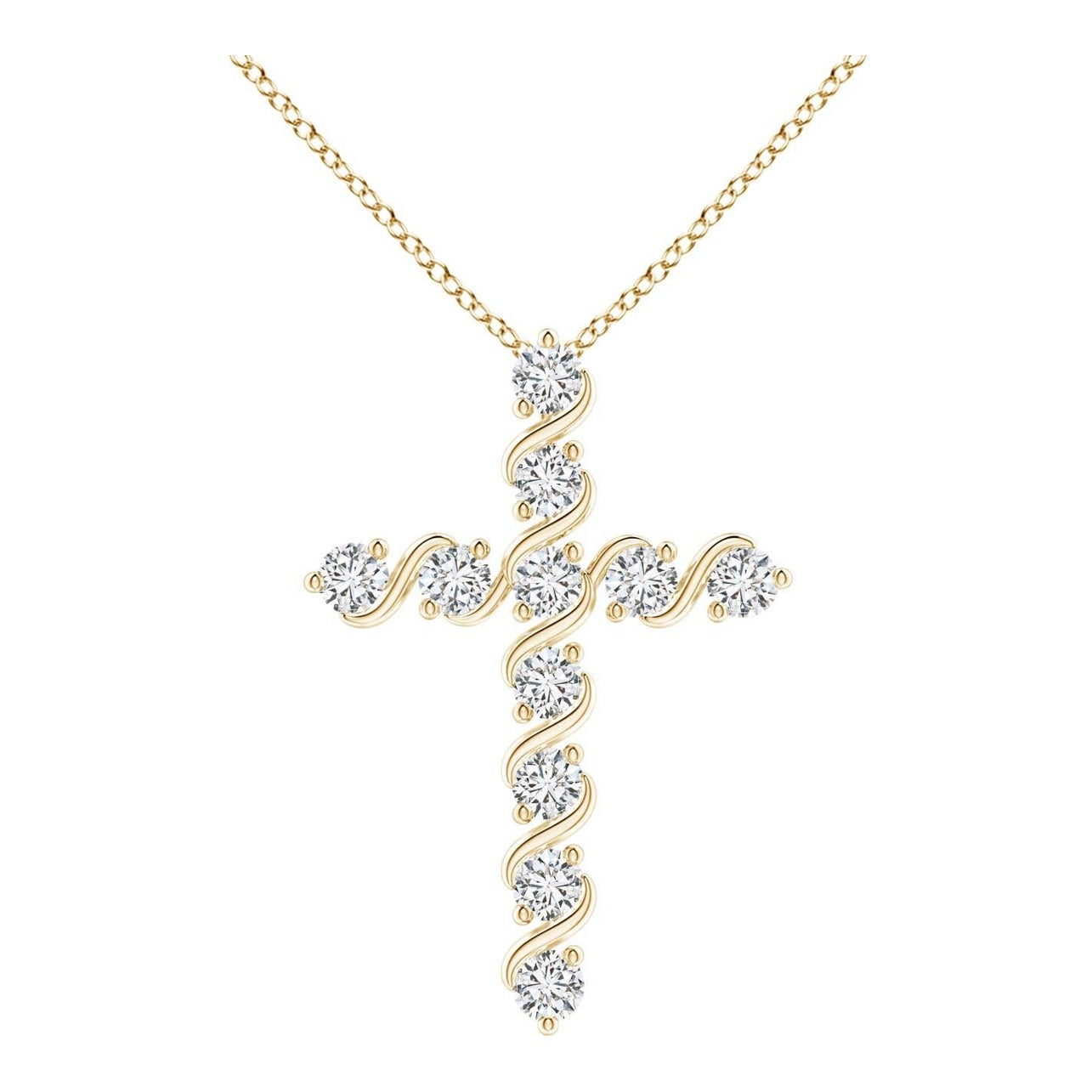 Angara Natural Prong and Bar Set Diamond Cross Pendant in 14K Yellow Gold For Sale