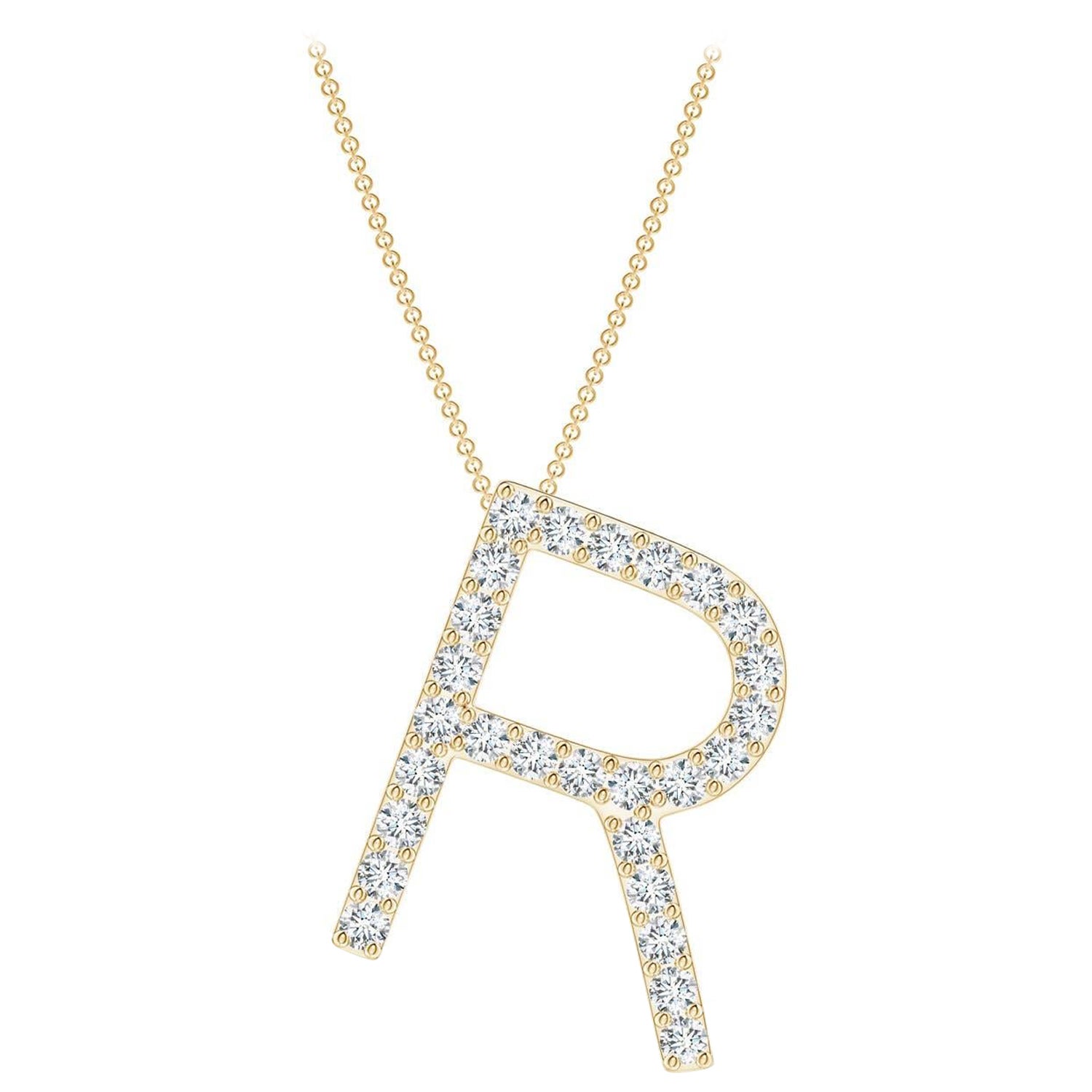 Angara Natural Prong-Set Diamond Capital "R" Initial Pendant in 14K Solid Gold
