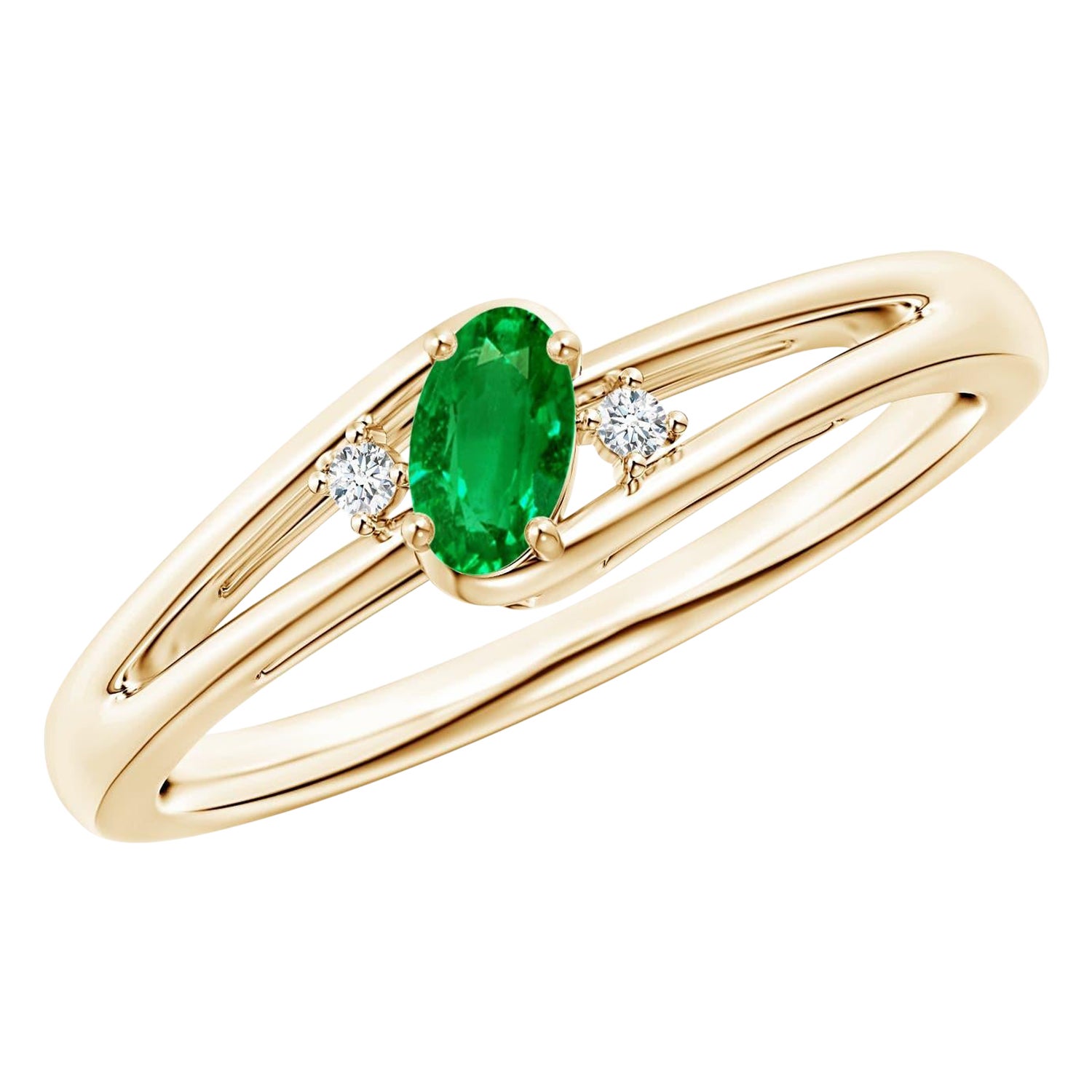 Anillo Angara de oro macizo de 14 quilates con esmeralda natural engastada y diamantes de vástago partido