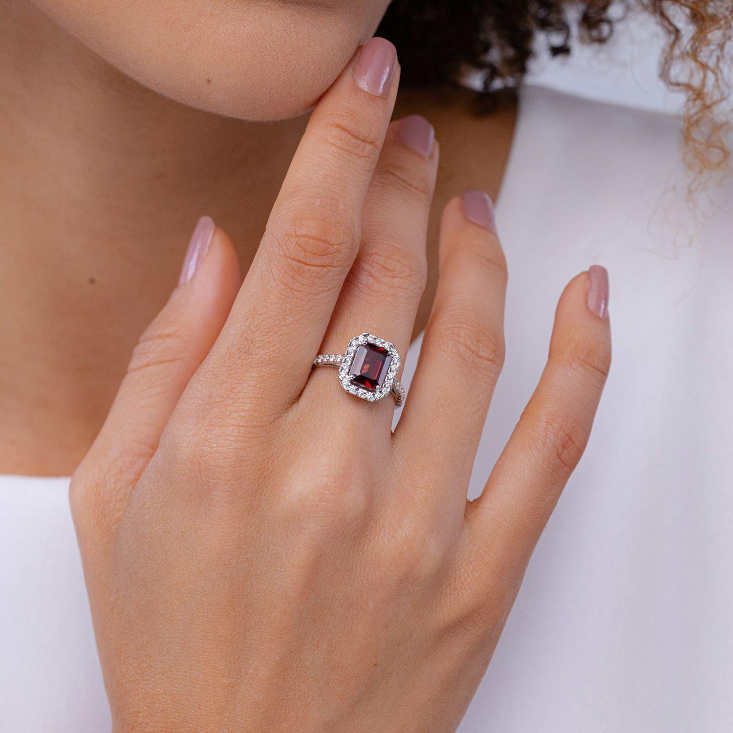 Modern Angara Natural Prong-Set Emerald-Cut 2.8 ct Garnet Halo Ring in 14K Solid Gold For Sale