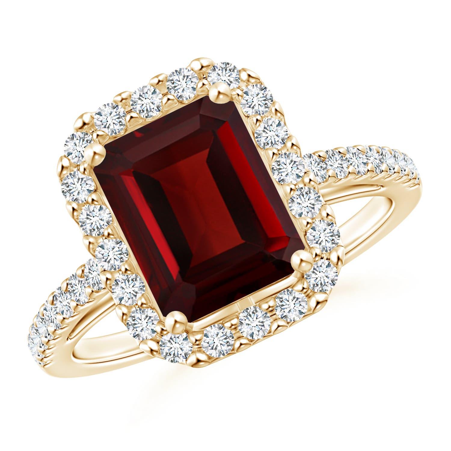 Women's Angara Natural Prong-Set Emerald-Cut 2.8 ct Garnet Halo Ring in 14K Solid Gold For Sale