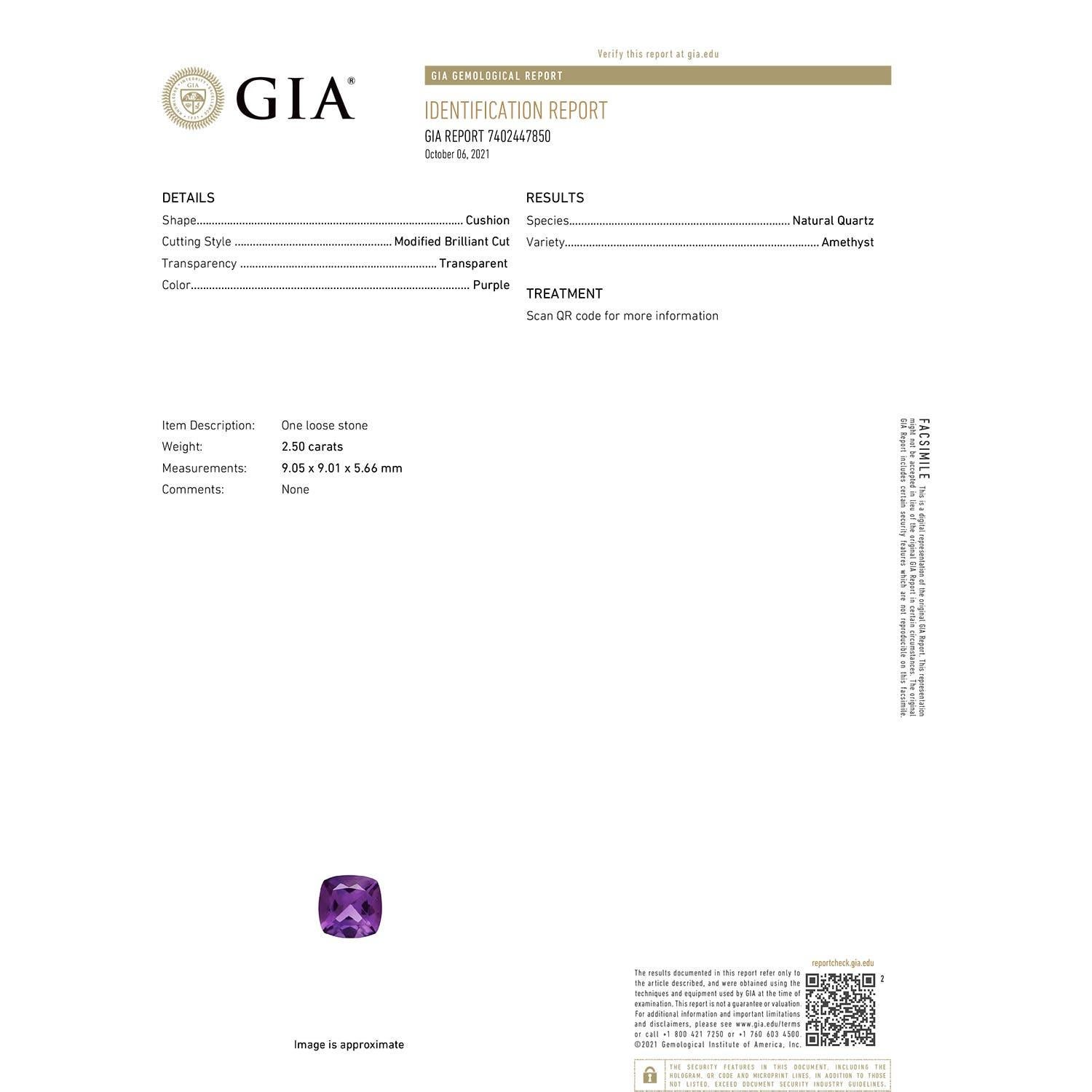 Angara natürlichen Prong-Set GIA zertifiziert Kissen 2,5 ct Amethyst Ring in 14K Gold (Moderne) im Angebot