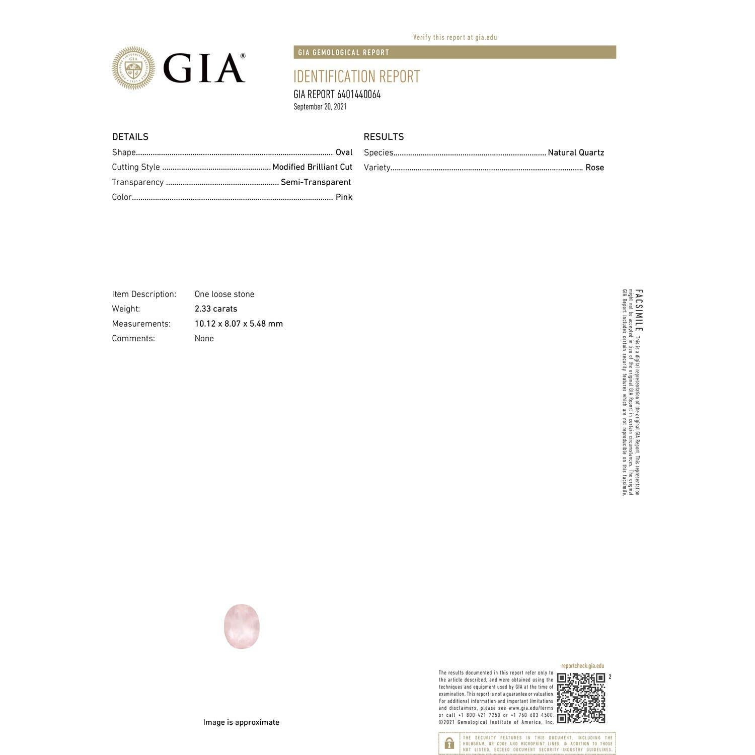Moderno Angara Nature Prong-Set GIA Certified Solitaire Oval 2.33ct Rose Quartz 14K Gol in vendita