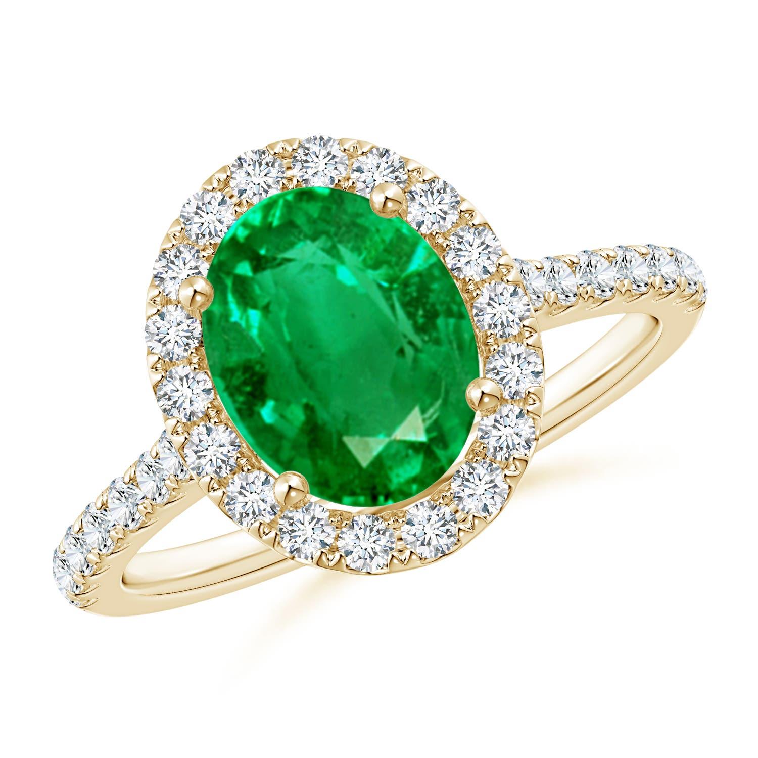 Anillo Angara de oro de 14 quilates con halo de esmeralda natural ovalada de 1,5 quilates engastada con diamantes en venta 2