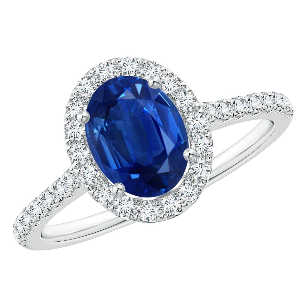 Anillo Angara de oro macizo de 14 quilates con halo de zafiro azul ovalado natural de 1,55 quilates, engastado con garras