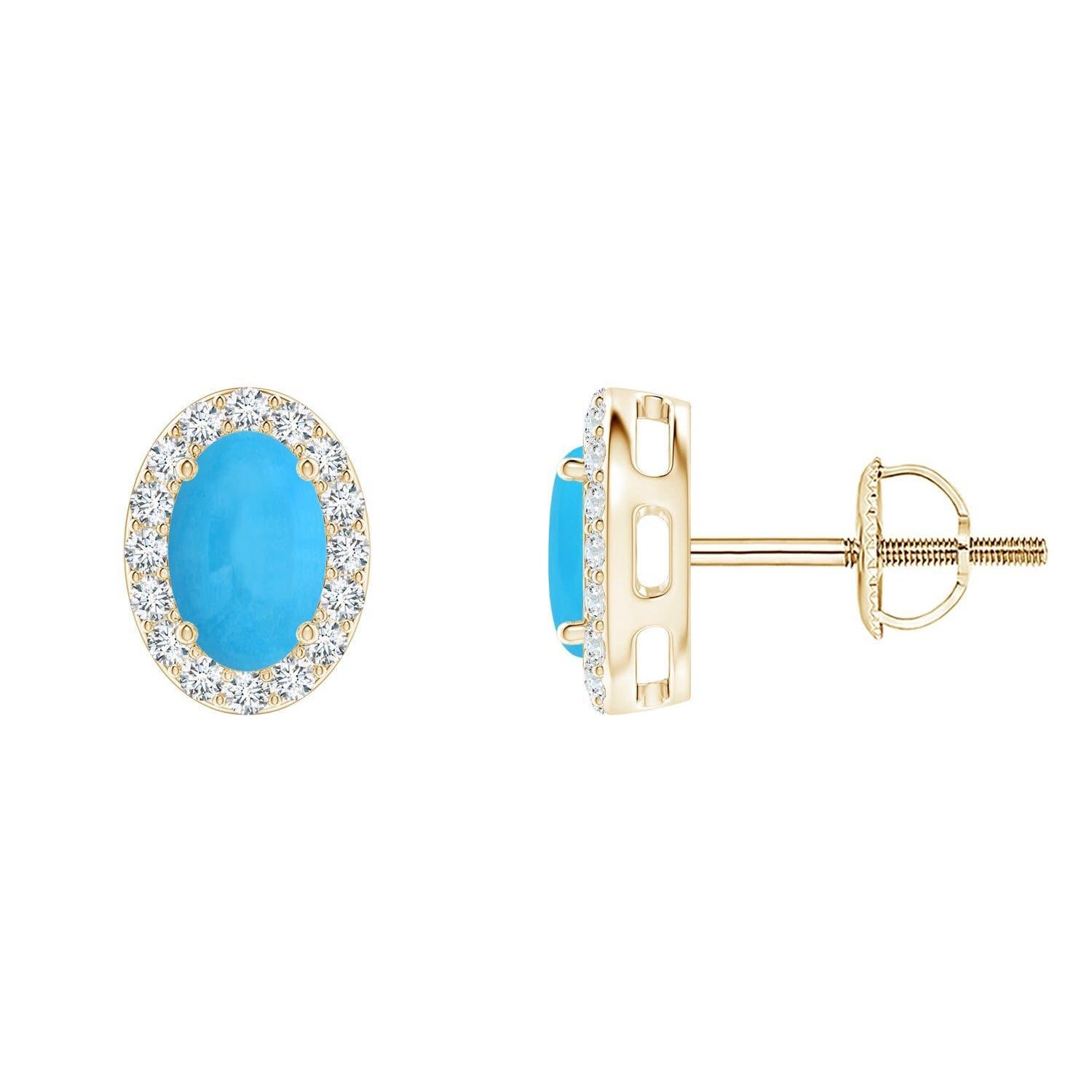 Pendientes de turquesa ovalada natural engastada Angara con diamante en oro de 14 quilates