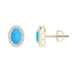 Pendientes de turquesa ovalada natural engastada Angara con diamante en oro de 14 quilates