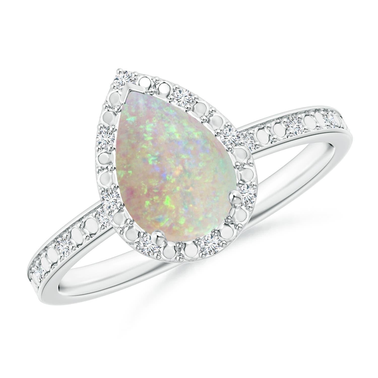 Bague Angara en or massif 14 carats, Opale naturelle en forme de poire, sertie à l'aide d'un prong, avec halo perlé en vente 2
