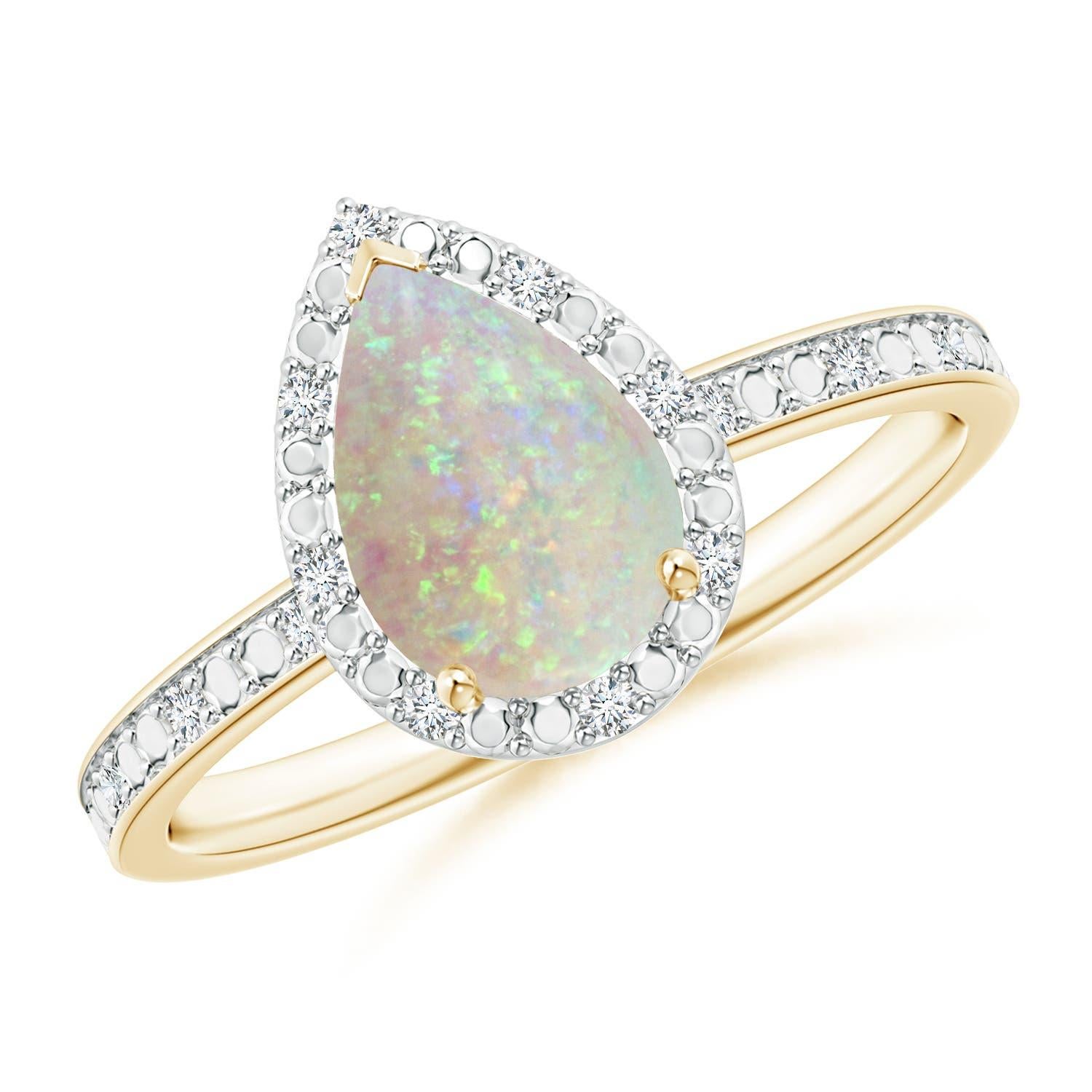 Bague Angara en or massif 14 carats, Opale naturelle en forme de poire, sertie à l'aide d'un prong, avec halo perlé en vente 3