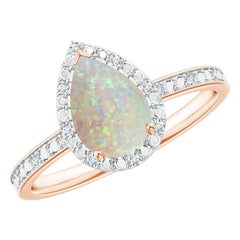 Angara Natural Prong-Set Pear-Shape Opal Ring with Beaded Halo in 14K Solid Gold