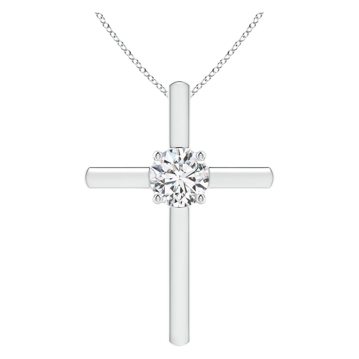 Pendentif croix solitaire en diamant rond serti clos Angara en platine