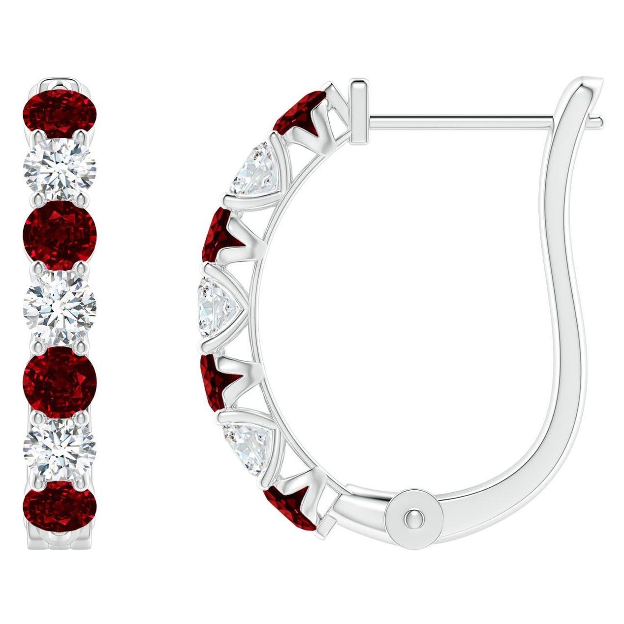 Angara, orecchini a cerchio con rubino e diamanti incastonati, in oro massiccio 14 carati