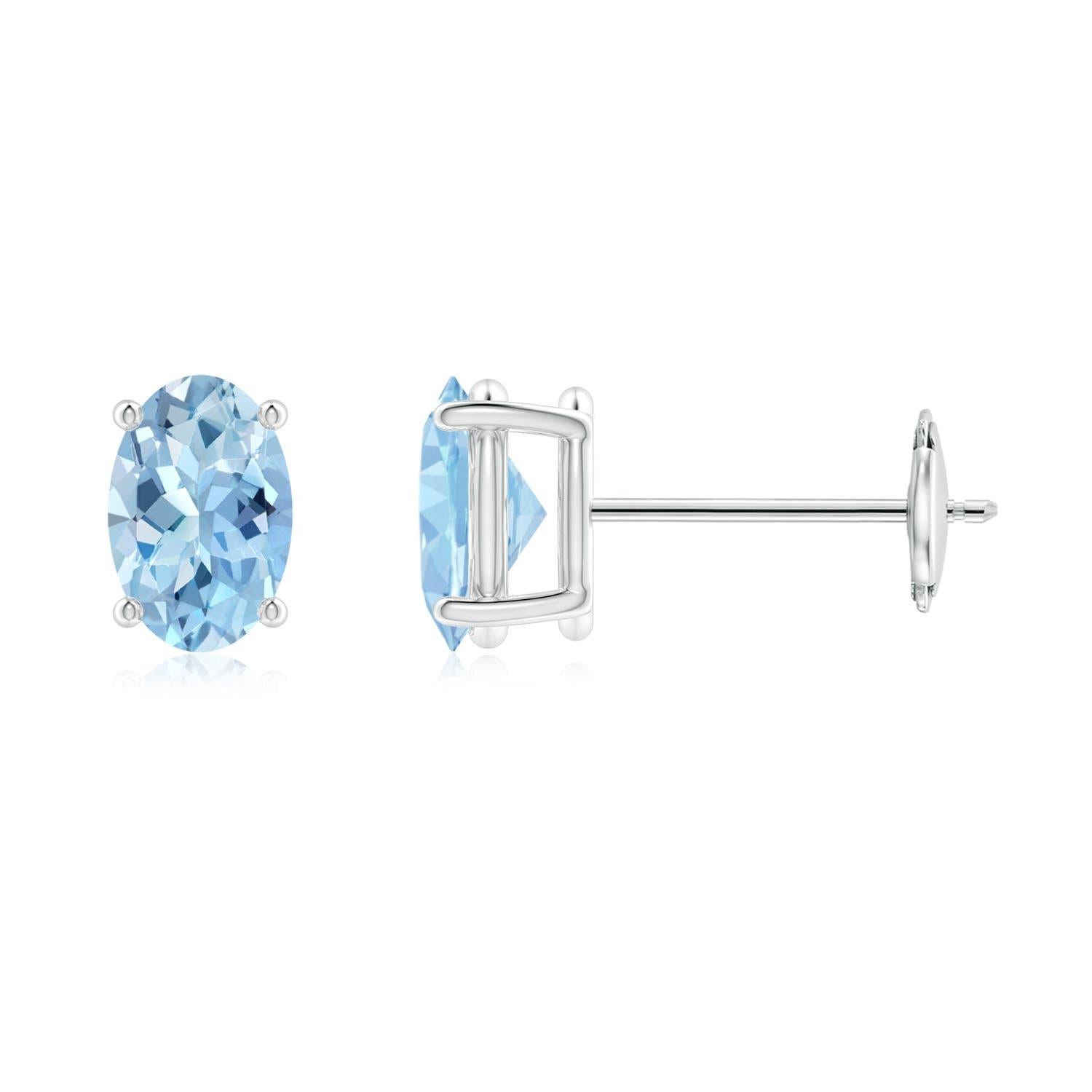 Oval Cut Angara Natural Prong-Set Solitaire Oval Aquamarine Stud Earrings in 14K Gold For Sale