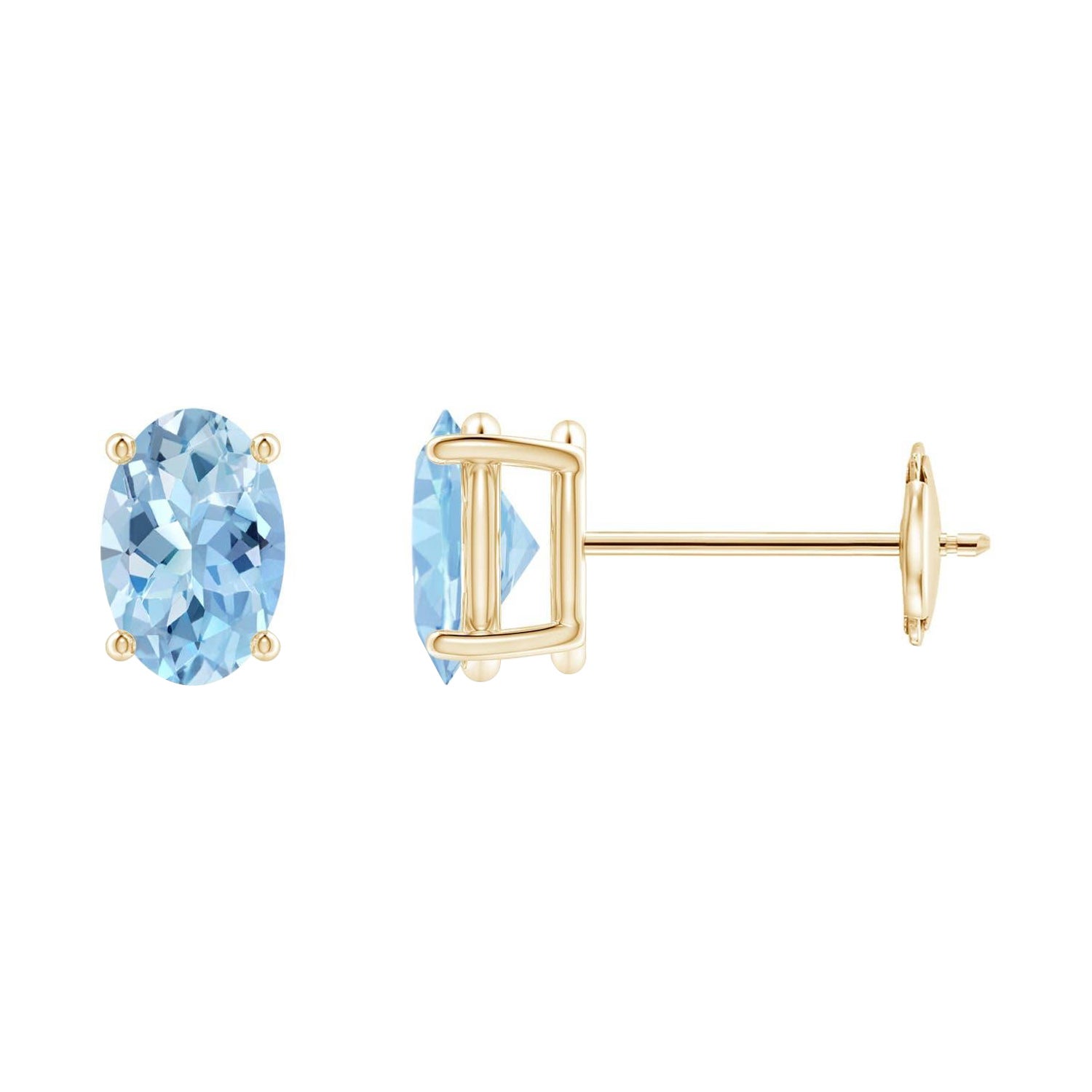 Angara - Boucles d'oreilles en or 14 carats avec aigue-marine ovale solitaire et sertie à l'aide de pierres précieuses