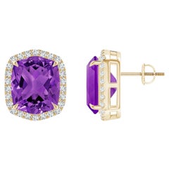 Angara - Boucles d'oreilles Halo en or 14 carats avec améthyste rectangulaire coussinée 10 ct