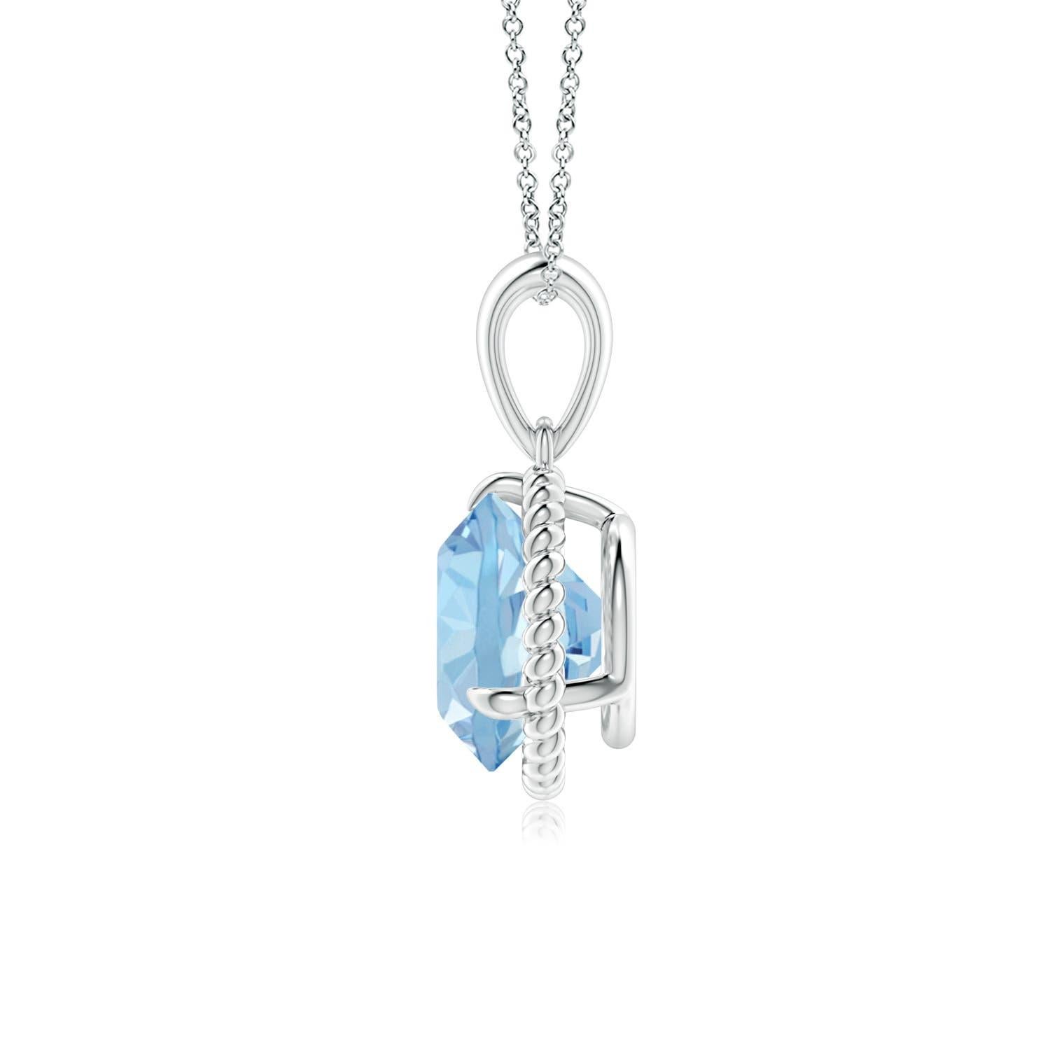 Dieser Aquamarin-Solitär-Anhänger aus Platin strahlt Schlichtheit mit einem Hauch von Eleganz aus. Der runde, mit Zacken besetzte Aquamarin ist von einem gedrehten Seilrahmen umgeben, der dem Design einen Hauch von Einzigartigkeit verleiht.
Der