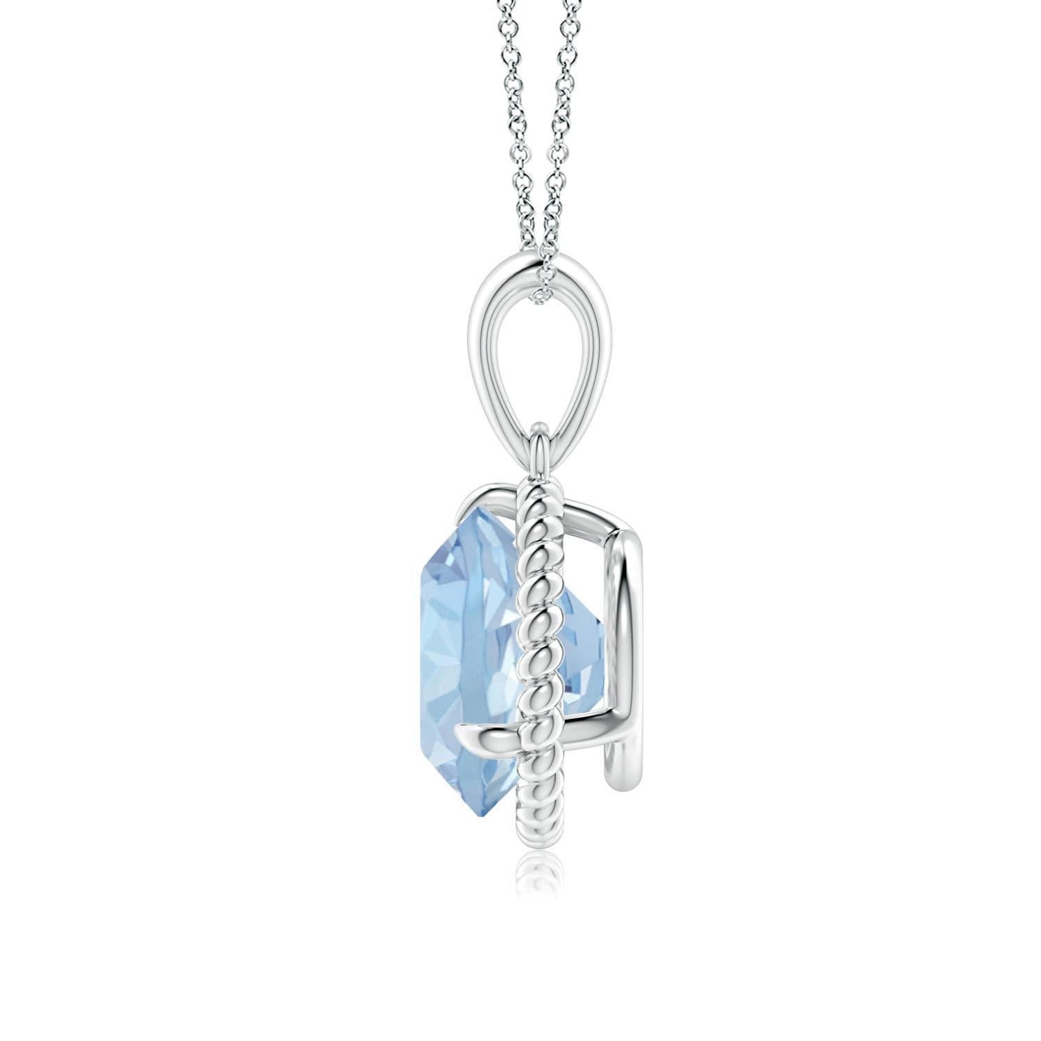 Dieser Aquamarin-Solitär-Anhänger aus Platin strahlt Schlichtheit mit einem Hauch von Eleganz aus. Der runde, mit Zacken besetzte Aquamarin ist von einem gedrehten Seilrahmen umgeben, der dem Design einen Hauch von Einzigartigkeit verleiht.
Der
