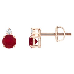 ANGARA Natural Round 0.68ct Ruby Stud Earrings with Diamond in 14K Rose Gold