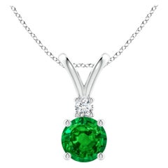 ANGARA Natural Round 0.75ct Emerald Solitaire Pendant with Diamond in Platinum