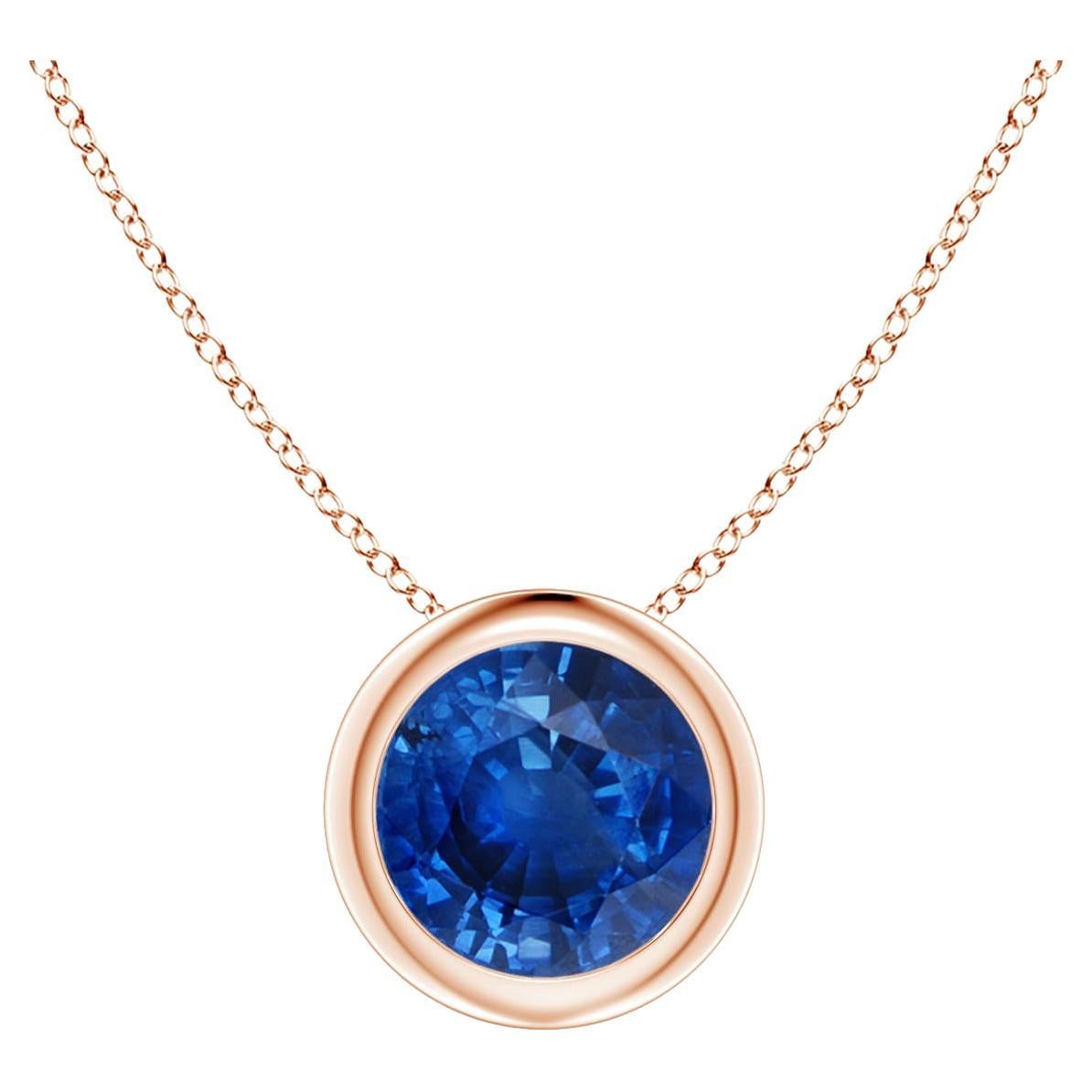 Natural Round 1 ct Blue Sapphire Solitaire 6mm Pendant in 14K Rose Gold For Sale