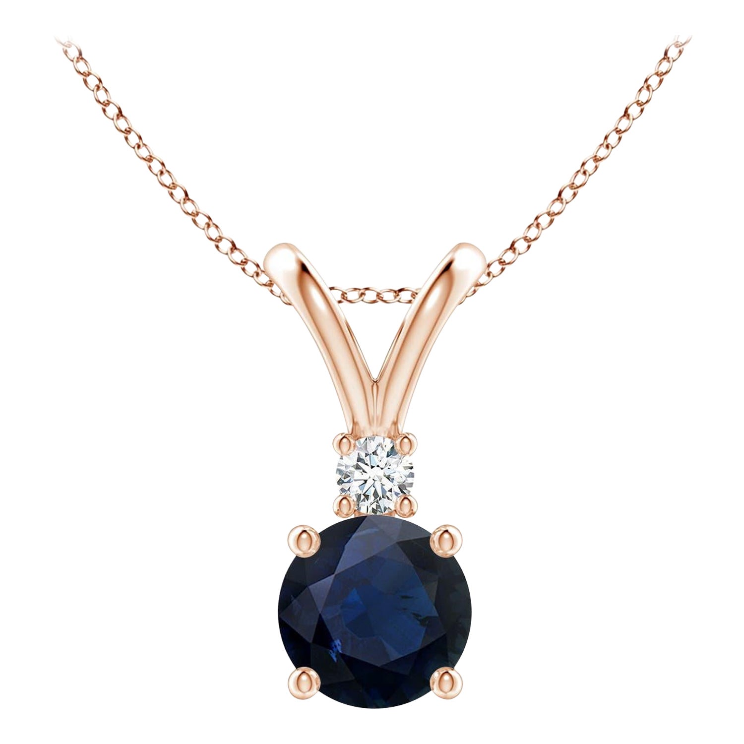 Angara Nature Round 1 ct Zaffiro Blu Solitario Ciondolo Diamante Oro Rosa 14K in vendita