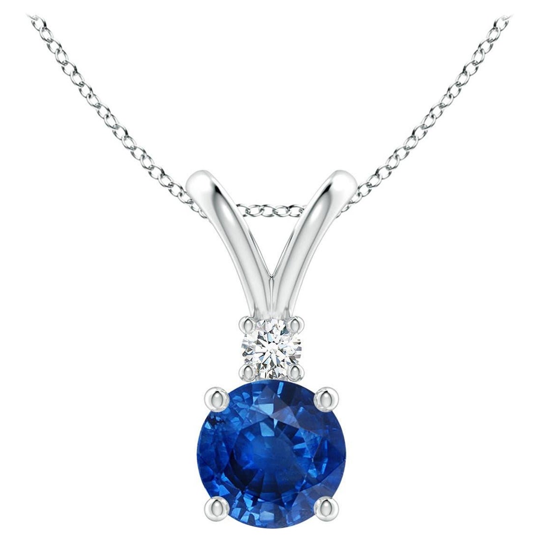 Angara Ciondolo solitario con zaffiro blu rotondo naturale da 1 carato e diamante in A. Silver