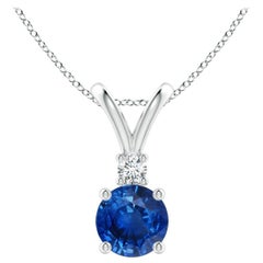 Angara Ciondolo solitario con zaffiro blu rotondo naturale da 1 carato e diamante in A. Silver