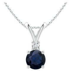 Angara Natürliche Runde 1 ct Blauer Saphir Solitär-Anhänger mit Diamant Platin
