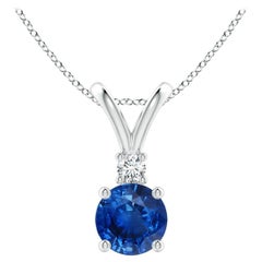 Angara Natürliche Runde 1 ct Blauer Saphir Solitär-Anhänger mit Diamant Platin