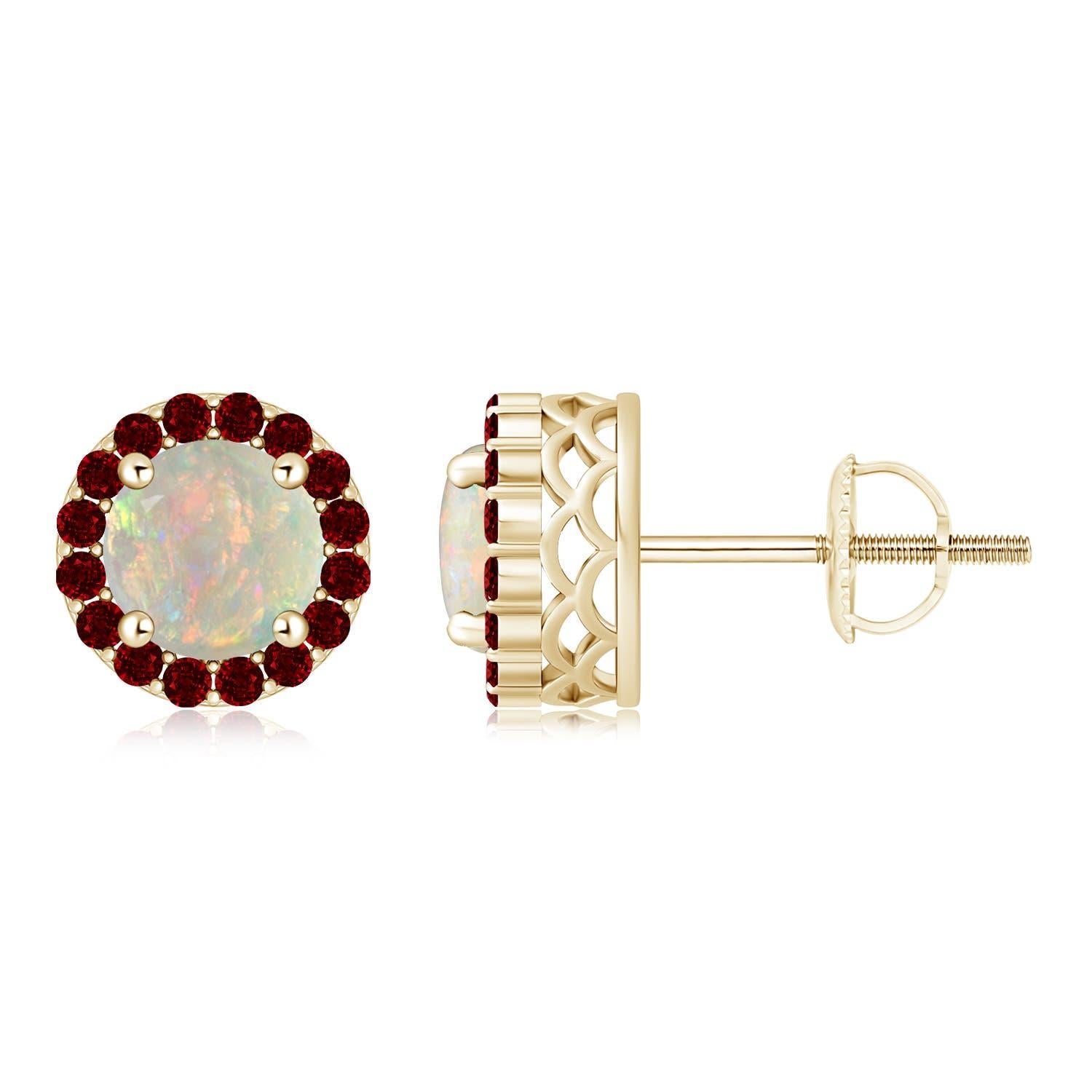 Angara - Boucles d'oreilles halo en or massif 14 carats, opale ronde naturelle de 1 ct et rubis Neuf - En vente à Los Angeles, CA