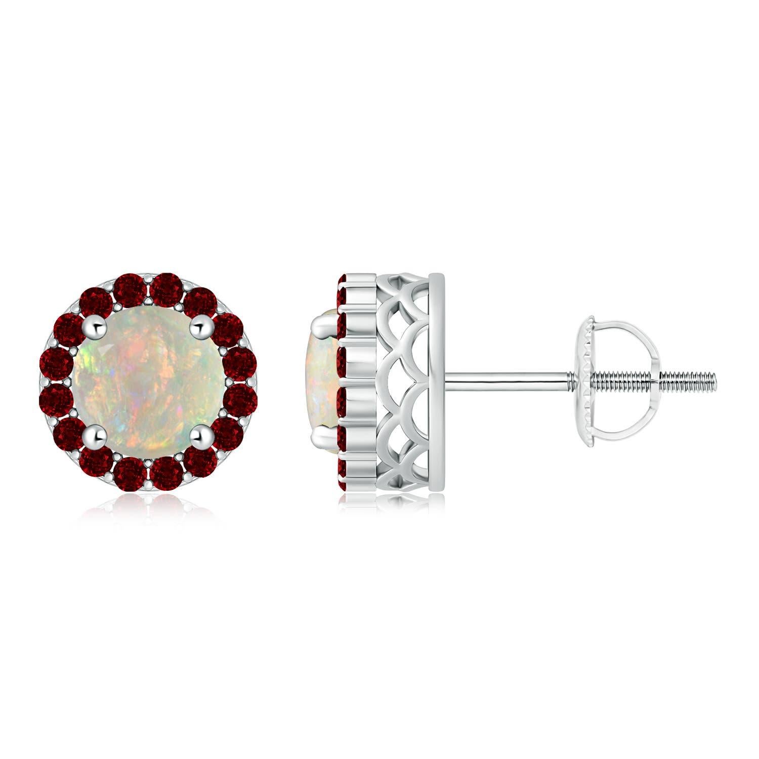 Angara - Boucles d'oreilles halo en or massif 14 carats, opale ronde naturelle de 1 ct et rubis Pour femmes en vente