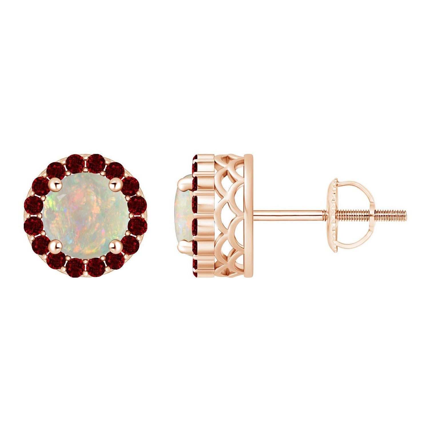 Angara - Boucles d'oreilles halo en or massif 14 carats, opale ronde naturelle de 1 ct et rubis