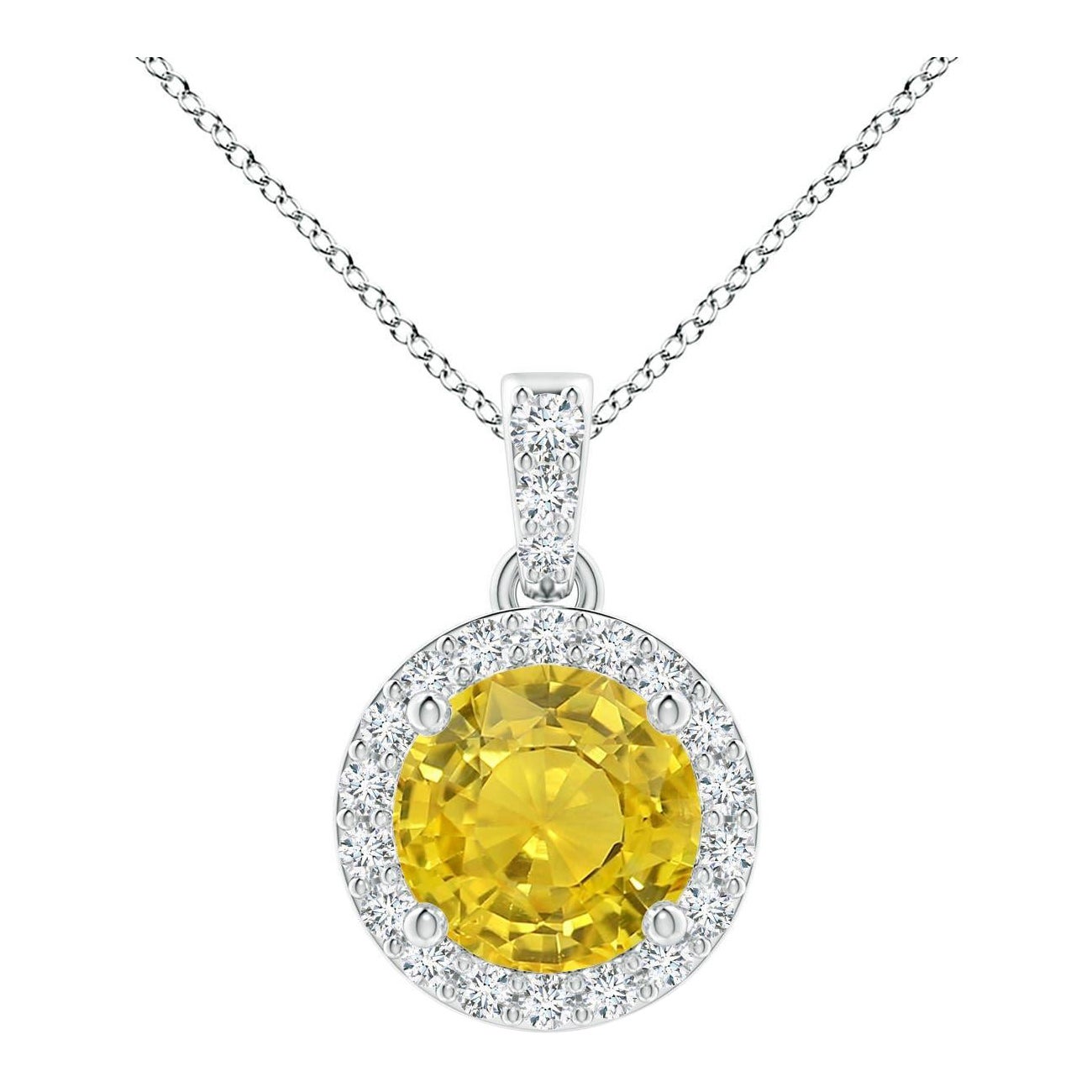 Angara Natural Round 1 ct Yellow Sapphire Pendant with Diamond Halo in 14 Gold For Sale