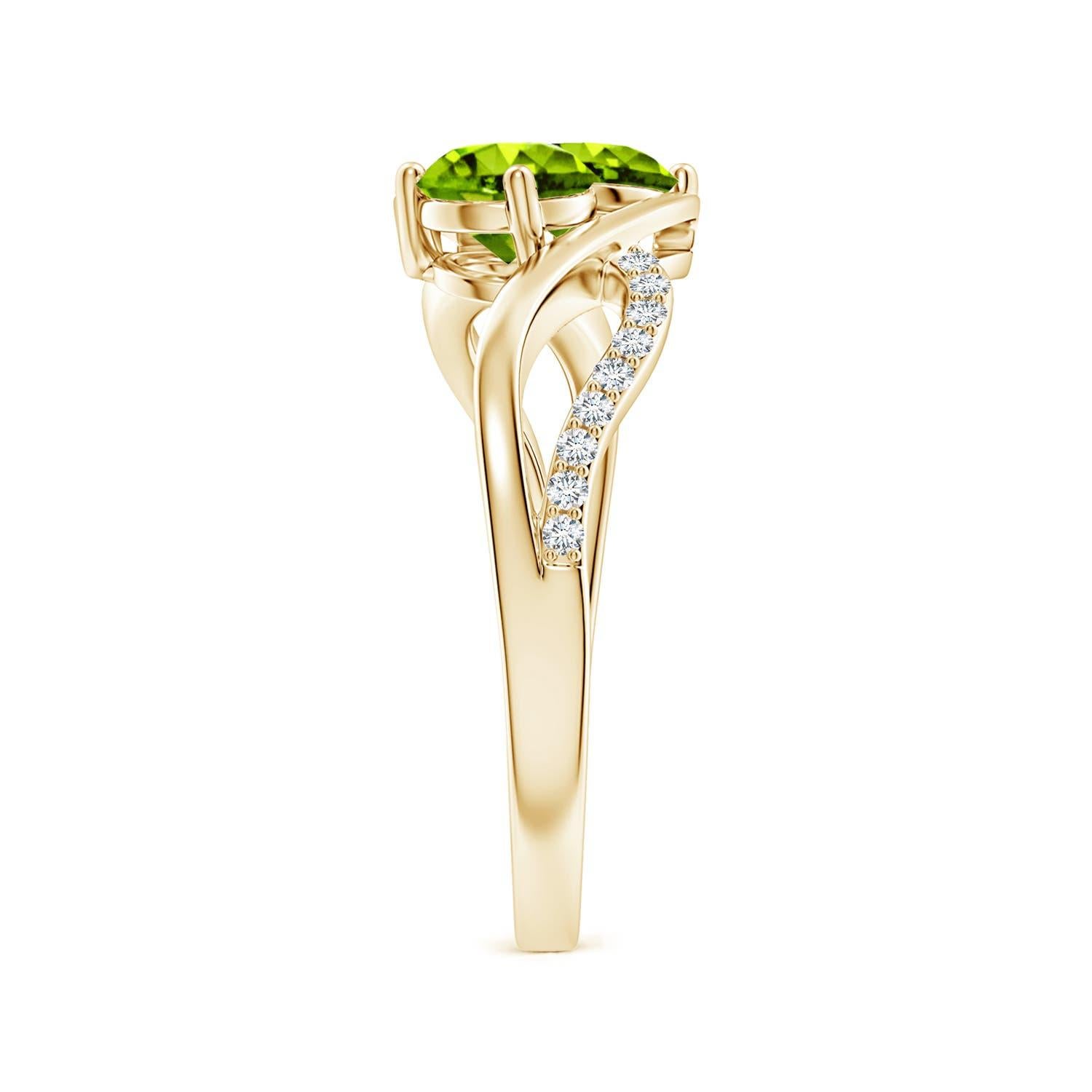 Taglio rotondo Angara Anello a due pietre con peridoto tondo naturale da 1,1 carati e diamanti in oro 14K in vendita