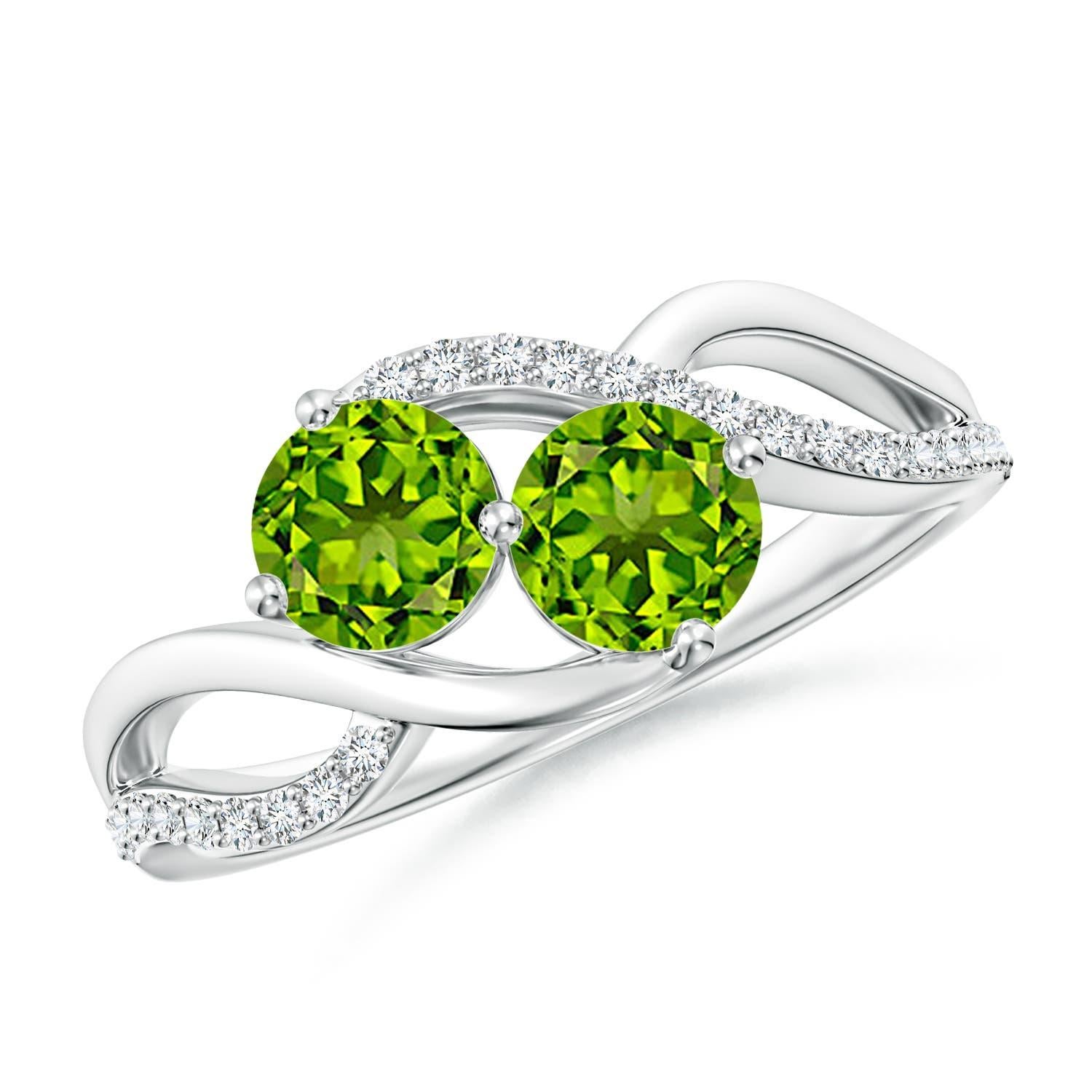 Donna Angara Anello a due pietre con peridoto tondo naturale da 1,1 carati e diamanti in oro 14K in vendita