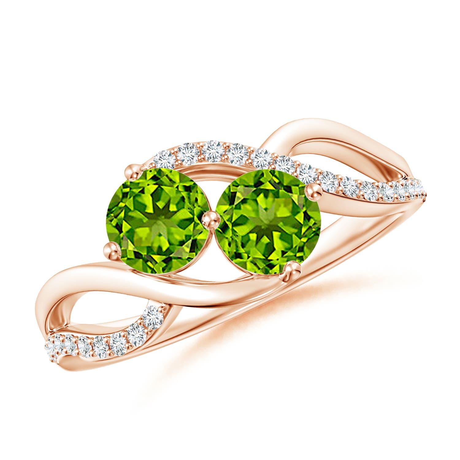 Angara Anello a due pietre con peridoto tondo naturale da 1,1 carati e diamanti in oro 14K in vendita 1
