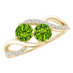Angara Anello a due pietre con peridoto tondo naturale da 1,1 carati e diamanti in oro 14K