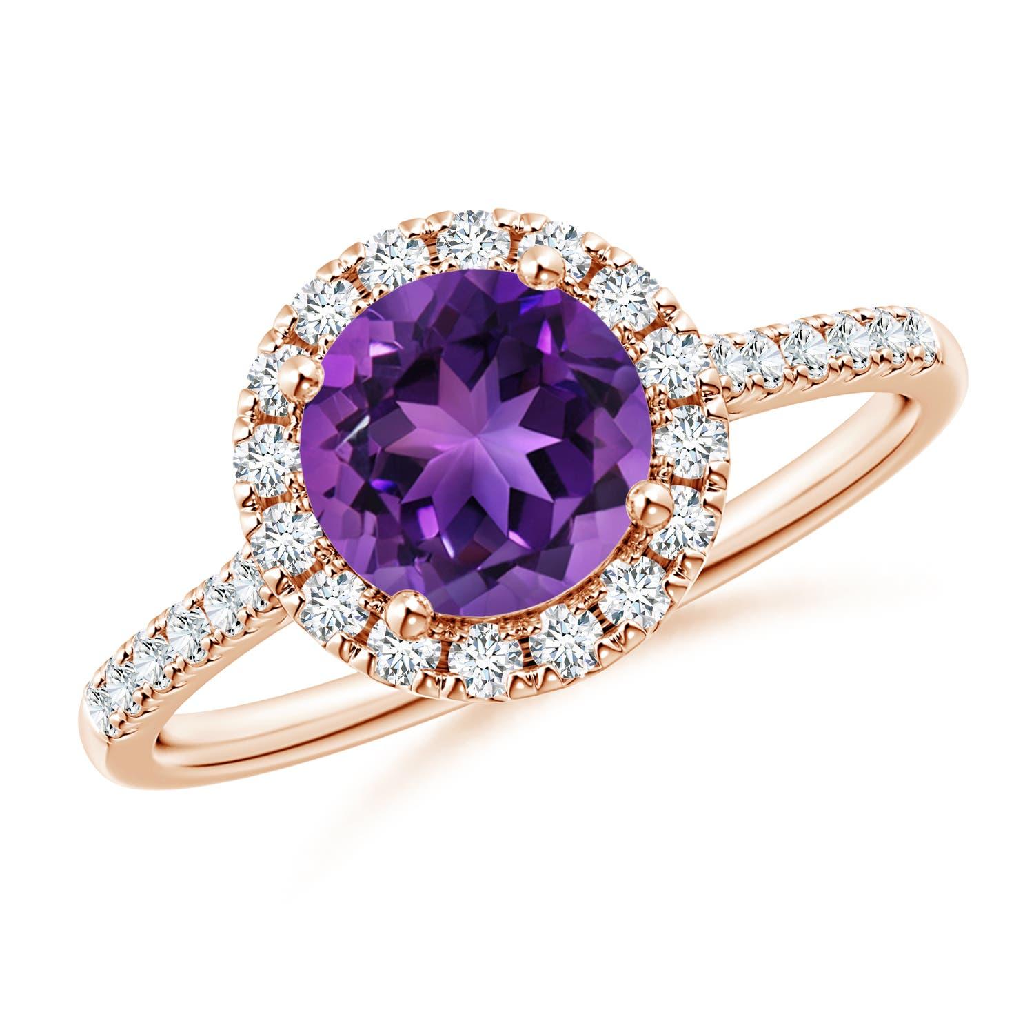 Angara Anillo Halo de Amatista Natural Redonda de 1,15 ct con Detalles de Diamante en Oro de 14K en venta 1