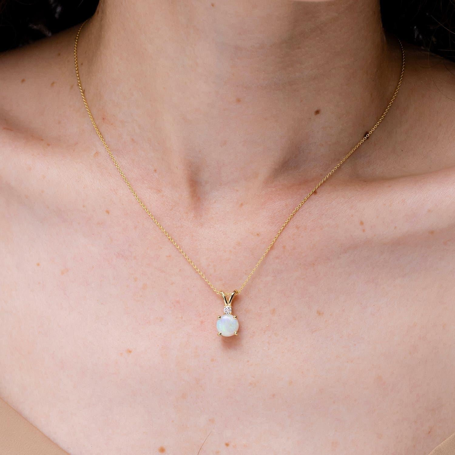 Modern Angara Natural Round 1.15ct Opal Solitaire Pendant with Diamond 14K Solid Gold For Sale