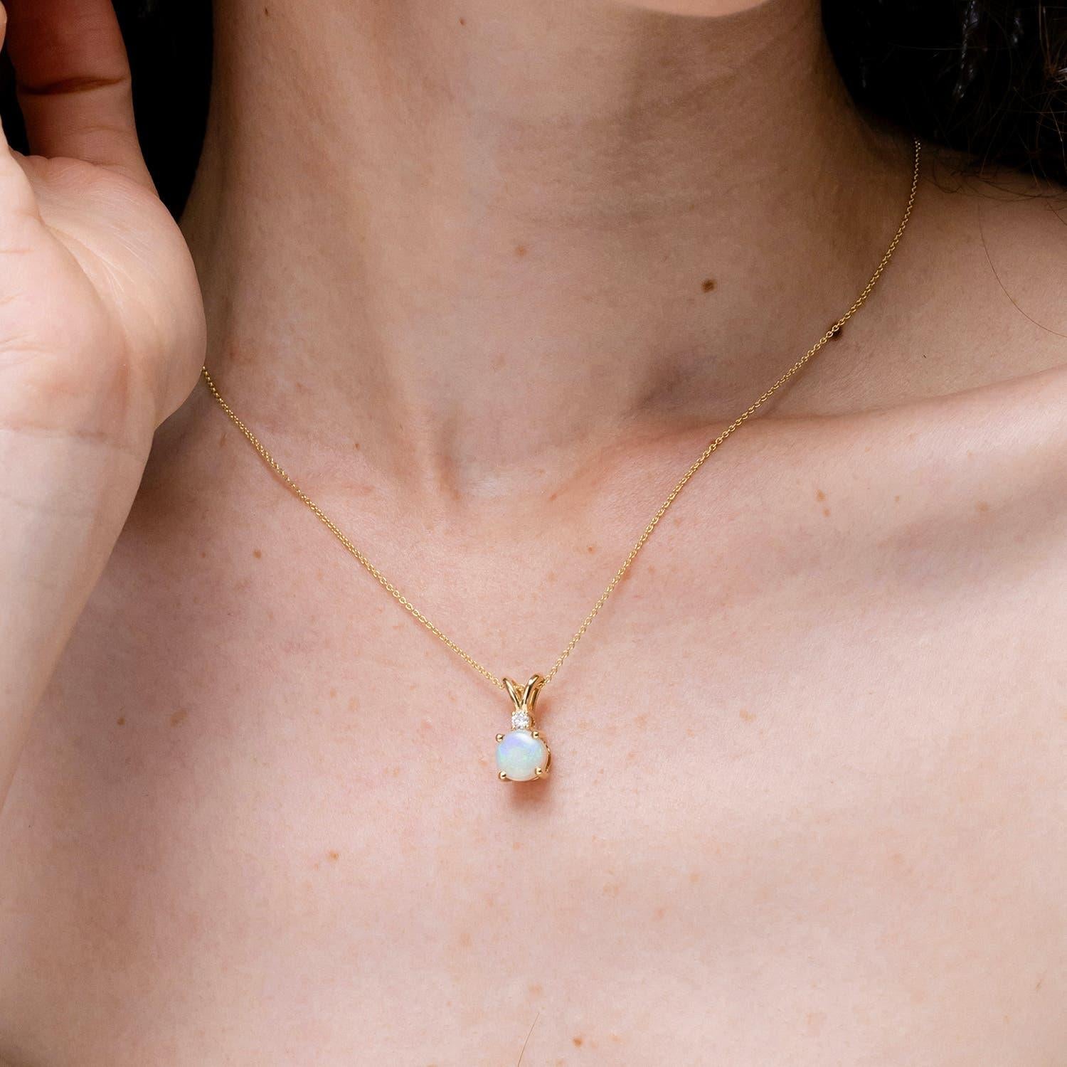 Round Cut Angara Natural Round 1.15ct Opal Solitaire Pendant with Diamond 14K Solid Gold For Sale