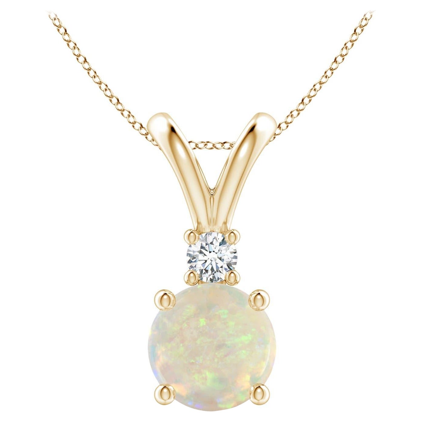 Angara Natural Round 1.15ct Opal Solitaire Pendant with Diamond 14K Solid Gold For Sale
