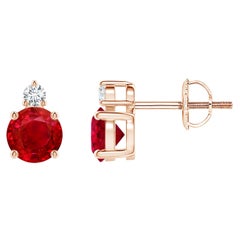 ANGARA Natural Round 1.20ct Ruby Stud Earrings with Diamond in 14K Rose Gold